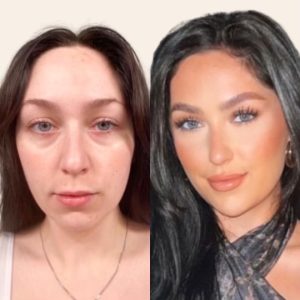 A woman before and after makeup.